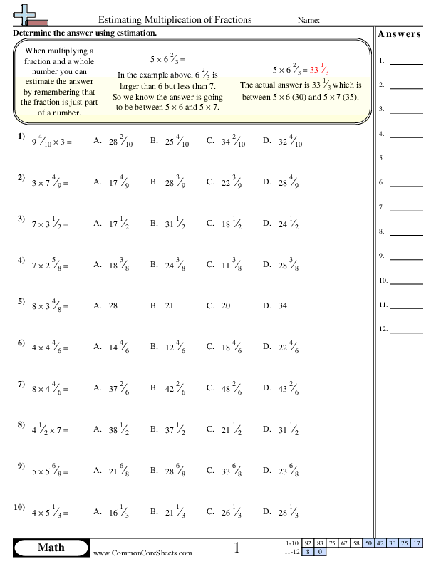 Estimating Multiplication of Fractions worksheet